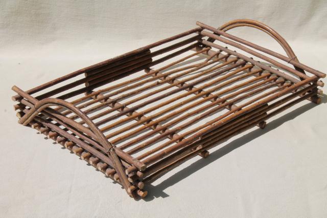 photo of rustic twig trays w/ natural tree bark, serving tray set made in Spain #11