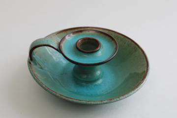 catalog photo of rustic vintage California pottery candle holder, aqua blue w/ brown drip glaze