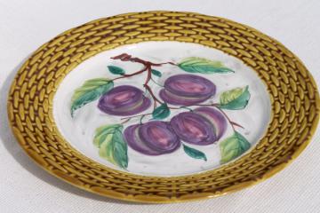 catalog photo of rustic vintage Italian ceramic serving plate, round platter tray w/ hand painted plums 