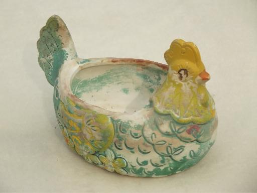 photo of rustic vintage Mexican pottery chicken, yellow / turquoise painted hen #1