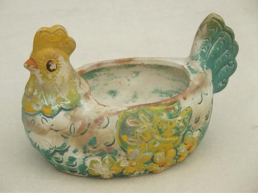 photo of rustic vintage Mexican pottery chicken, yellow / turquoise painted hen #2