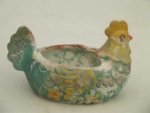 photo of rustic vintage Mexican pottery chicken, yellow / turquoise painted hen #3