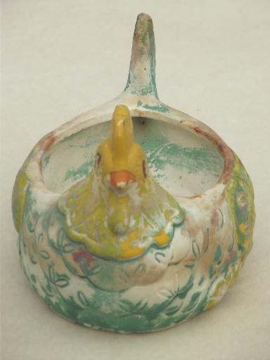 photo of rustic vintage Mexican pottery chicken, yellow / turquoise painted hen #4