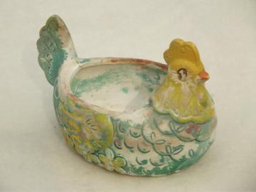 catalog photo of rustic vintage Mexican pottery chicken, yellow / turquoise painted hen