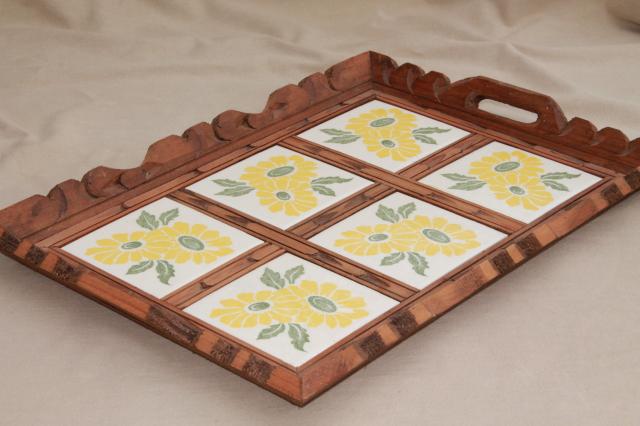 photo of rustic vintage Mexican pottery sunflower tile tray, tiled tray w/ carved wood frame #1