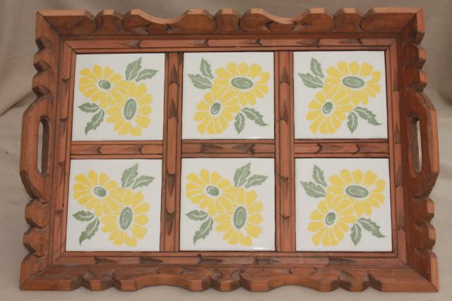 photo of rustic vintage Mexican pottery sunflower tile tray, tiled tray w/ carved wood frame #3