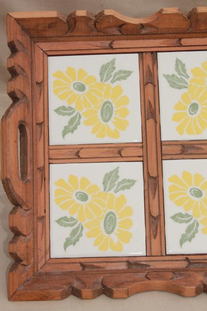 photo of rustic vintage Mexican pottery sunflower tile tray, tiled tray w/ carved wood frame #4