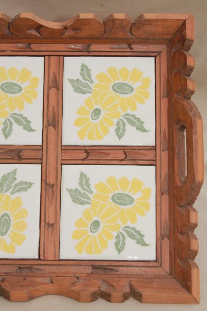 photo of rustic vintage Mexican pottery sunflower tile tray, tiled tray w/ carved wood frame #5