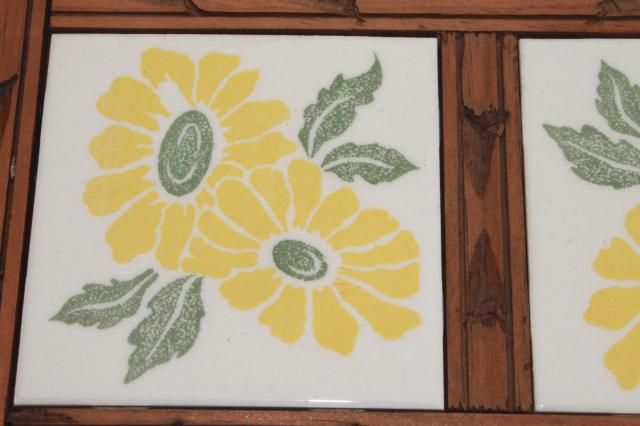 photo of rustic vintage Mexican pottery sunflower tile tray, tiled tray w/ carved wood frame #7