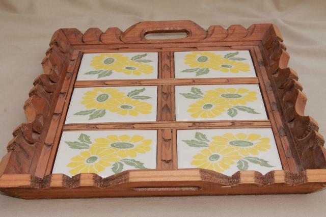 photo of rustic vintage Mexican pottery sunflower tile tray, tiled tray w/ carved wood frame #8