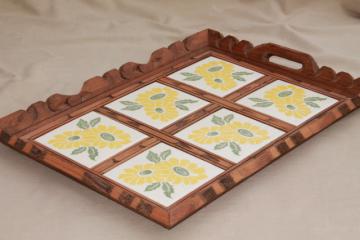 catalog photo of rustic vintage Mexican pottery sunflower tile tray, tiled tray w/ carved wood frame