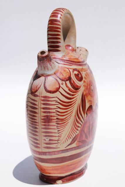 photo of rustic vintage Mexican pottery water bottle or wine jug, flat canteen shape painted earth colors #4