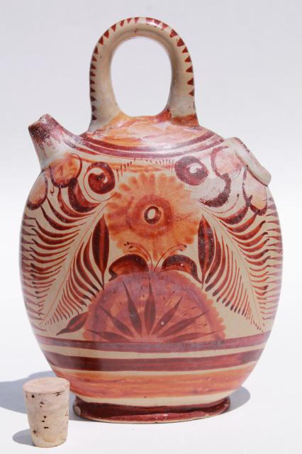photo of rustic vintage Mexican pottery water bottle or wine jug, flat canteen shape painted earth colors #5