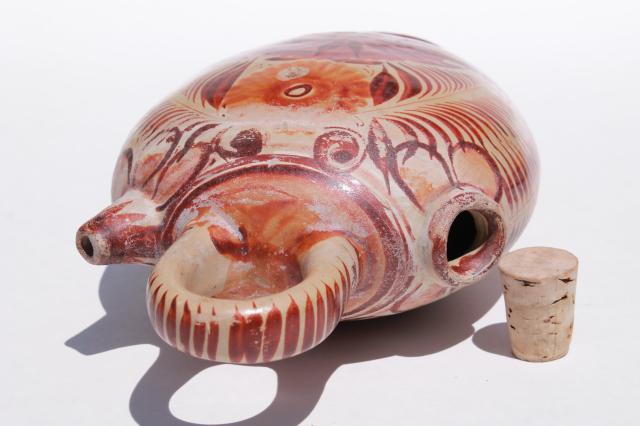 photo of rustic vintage Mexican pottery water bottle or wine jug, flat canteen shape painted earth colors #7