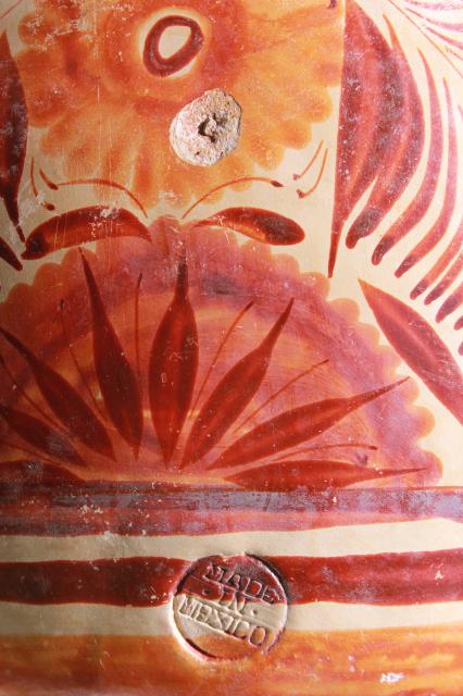 photo of rustic vintage Mexican pottery water bottle or wine jug, flat canteen shape painted earth colors #9