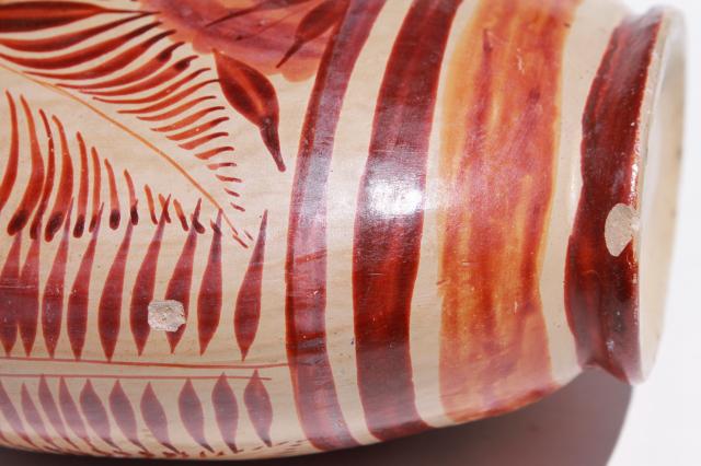 photo of rustic vintage Mexican pottery water bottle or wine jug, flat canteen shape painted earth colors #10