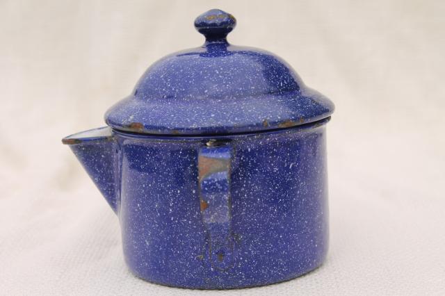 photo of rustic vintage blue spatter enamelware camp cooking pot, one cup tiny teapot mug w/ lid #5
