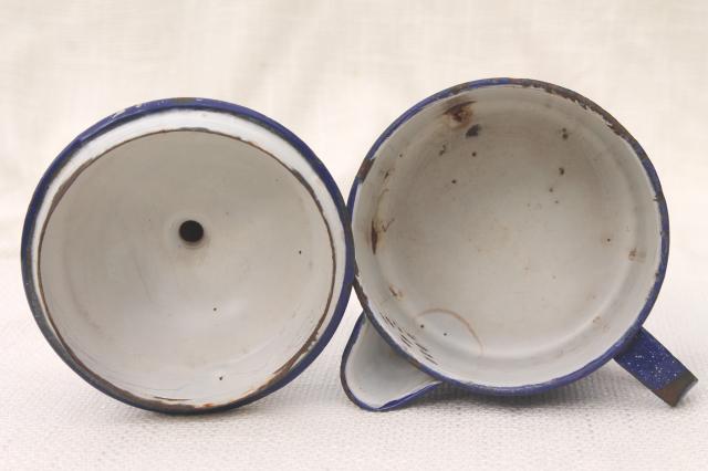 photo of rustic vintage blue spatter enamelware camp cooking pot, one cup tiny teapot mug w/ lid #8
