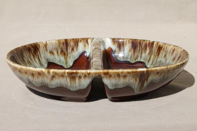 photo of rustic vintage brown / green drip pottery, ceramic casserole & bowl Rawhide Harker china #2