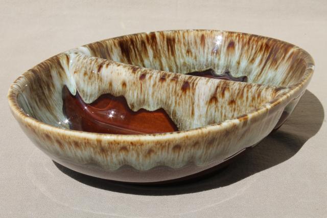 photo of rustic vintage brown / green drip pottery, ceramic casserole & bowl Rawhide Harker china #3