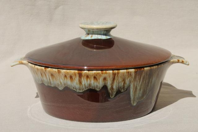 photo of rustic vintage brown / green drip pottery, ceramic casserole & bowl Rawhide Harker china #6