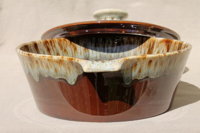 photo of rustic vintage brown / green drip pottery, ceramic casserole & bowl Rawhide Harker china #7