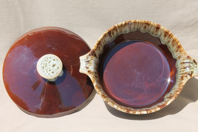 photo of rustic vintage brown / green drip pottery, ceramic casserole & bowl Rawhide Harker china #8