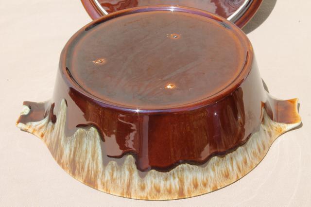 photo of rustic vintage brown / green drip pottery, ceramic casserole & bowl Rawhide Harker china #9