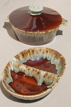 catalog photo of rustic vintage brown / green drip pottery, ceramic casserole & bowl Rawhide Harker china