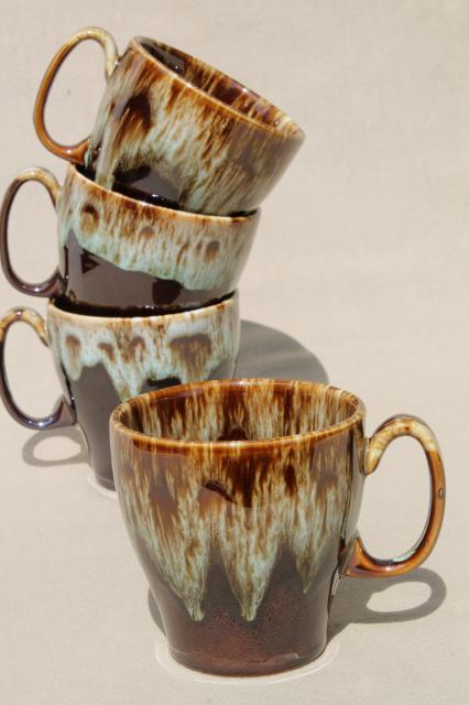 photo of rustic vintage brown / green drip pottery coffee mugs, set of four cups Rawhide Harker china #1