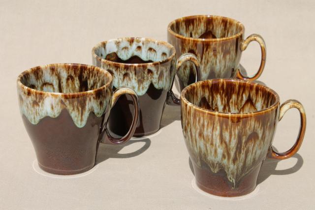 photo of rustic vintage brown / green drip pottery coffee mugs, set of four cups Rawhide Harker china #2