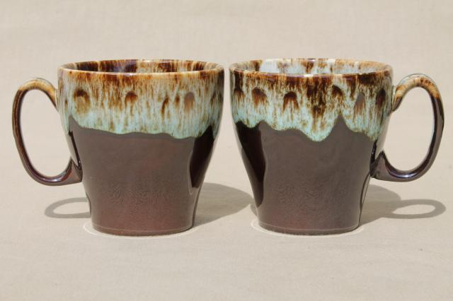 photo of rustic vintage brown / green drip pottery coffee mugs, set of four cups Rawhide Harker china #3