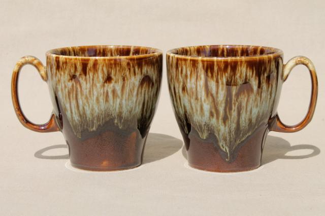 photo of rustic vintage brown / green drip pottery coffee mugs, set of four cups Rawhide Harker china #4