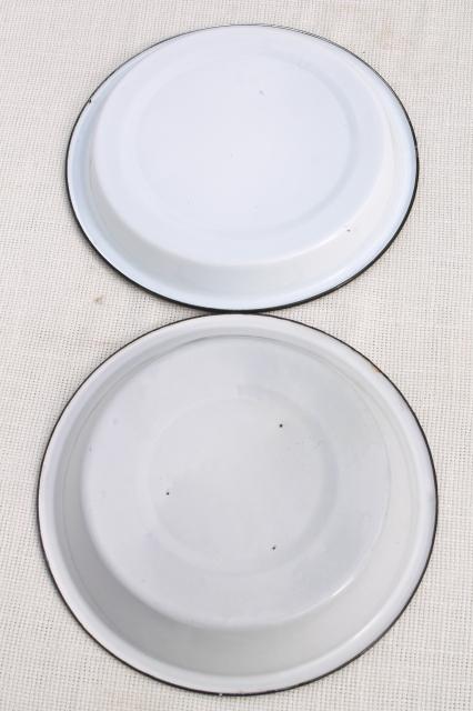 photo of rustic vintage camp cookware - old white enamelware pans or pie plates #8