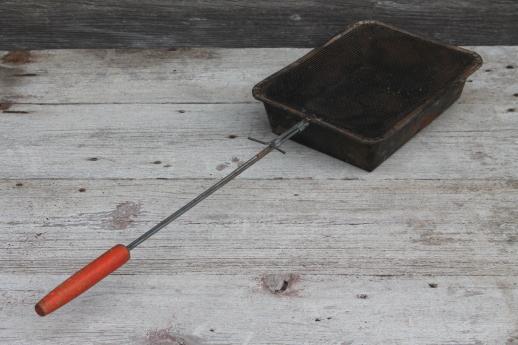 photo of rustic vintage campfire popcorn poppers, wire basket corn popper w/ wood handle #7