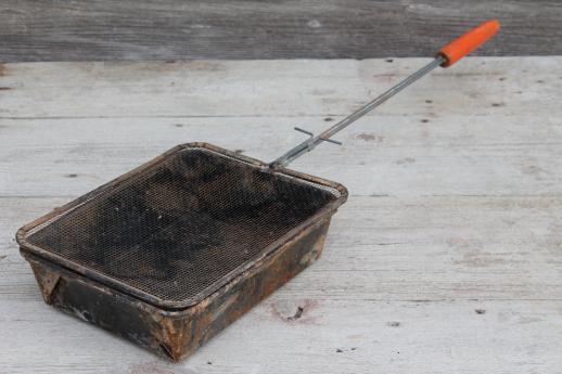 photo of rustic vintage campfire popcorn poppers, wire basket corn popper w/ wood handle #8