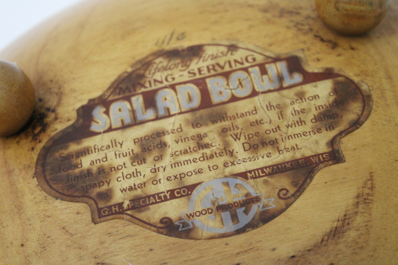 photo of rustic vintage carved wood salad bowl w/ original label made in Milwaukee Wisconsin #5