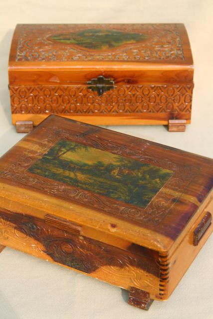 photo of rustic vintage cedar wood keepsake boxes, shabby chic cottage print jewelry boxes #1