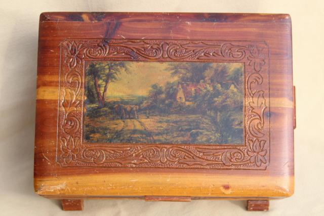 photo of rustic vintage cedar wood keepsake boxes, shabby chic cottage print jewelry boxes #4