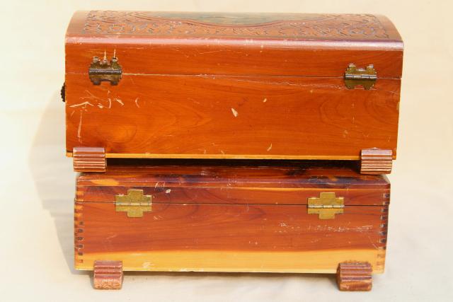 photo of rustic vintage cedar wood keepsake boxes, shabby chic cottage print jewelry boxes #7