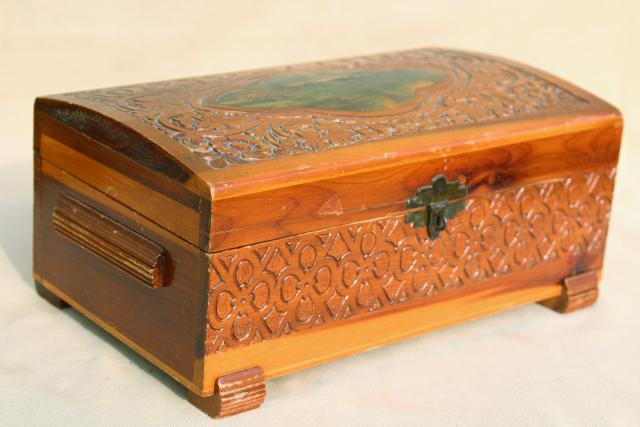 photo of rustic vintage cedar wood keepsake boxes, shabby chic cottage print jewelry boxes #9