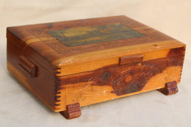 photo of rustic vintage cedar wood keepsake boxes, shabby chic cottage print jewelry boxes #15