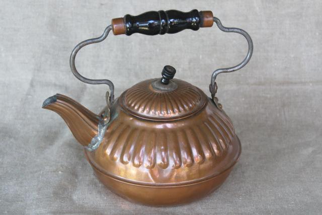 photo of rustic vintage copper teakettle, old fashioned tea pot kitchen stove kettle #1