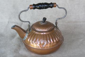 catalog photo of rustic vintage copper teakettle, old fashioned tea pot kitchen stove kettle