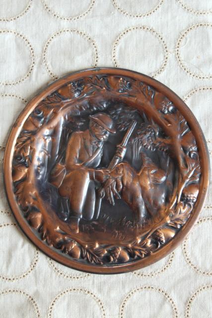 photo of rustic vintage copper wall plaque plate or flue cover, hunter & retriever dog #1