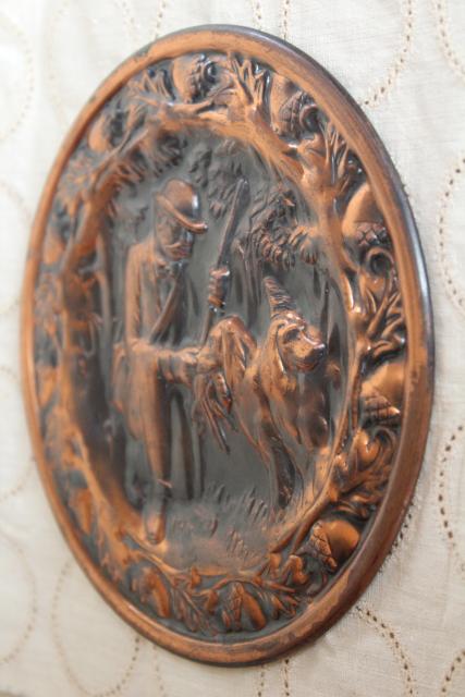 photo of rustic vintage copper wall plaque plate or flue cover, hunter & retriever dog #2