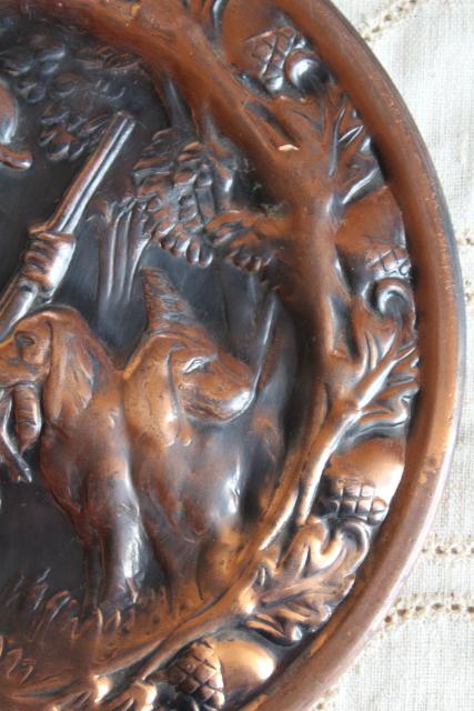 photo of rustic vintage copper wall plaque plate or flue cover, hunter & retriever dog #3