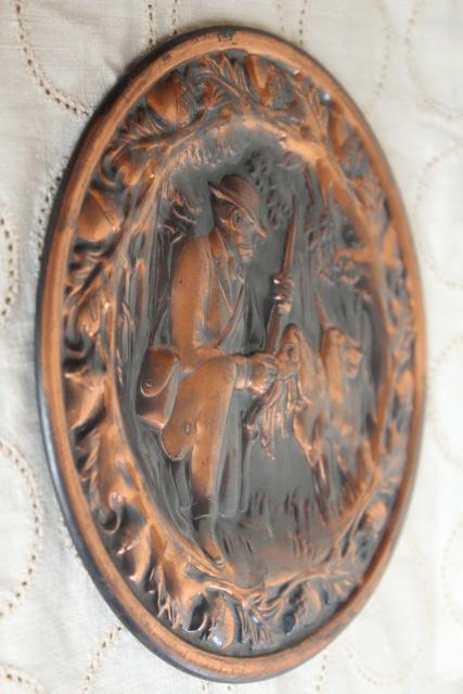 photo of rustic vintage copper wall plaque plate or flue cover, hunter & retriever dog #5