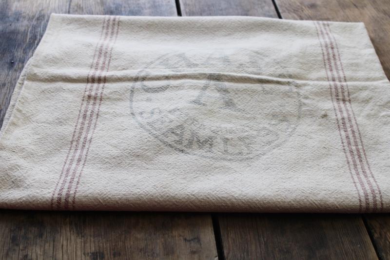 photo of rustic vintage cotton grain sack, coffee brown stripe feed bag patched primitive antique fabric #4