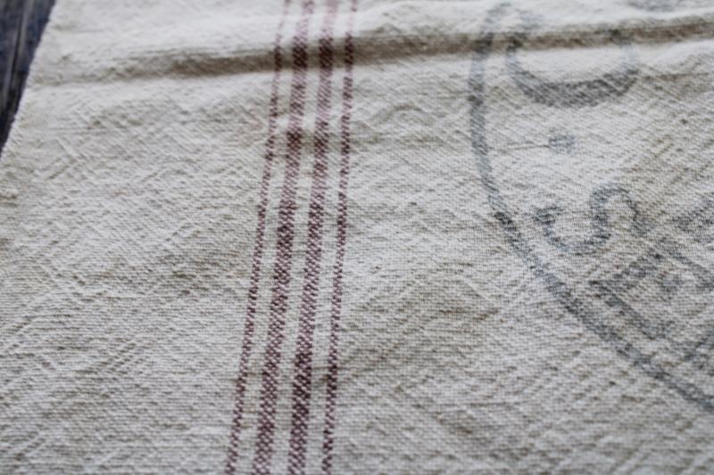 photo of rustic vintage cotton grain sack, coffee brown stripe feed bag patched primitive antique fabric #7